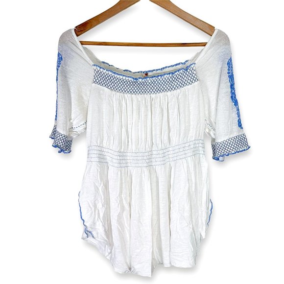 Free People Embroidered Elastic Ruched Peasant Top Blue/White Women's Medium - Picture 11 of 14